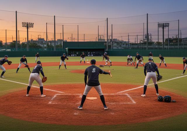 下丸子の野球場で夕方の練習をする社会人チームと整備された内野グラウンド