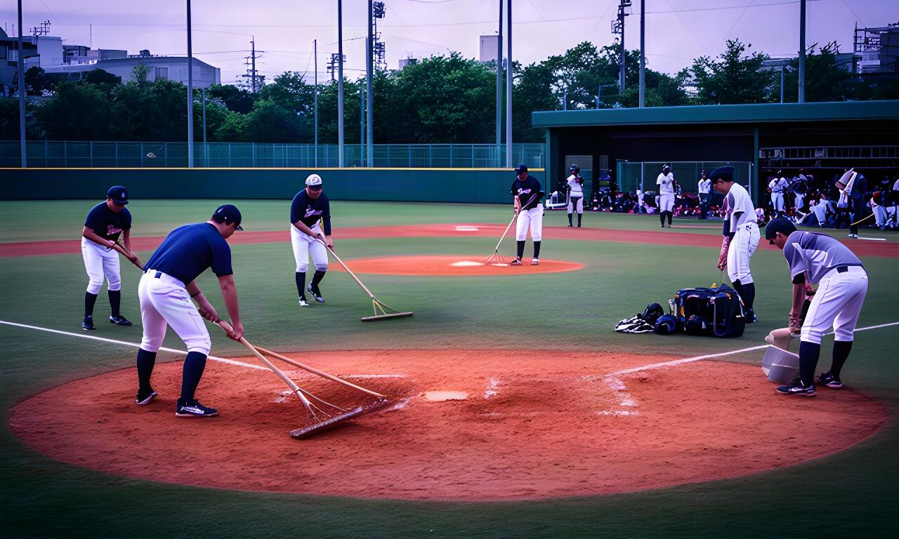 下丸子の野球場で試合前にグラウンドを整えるチームの様子