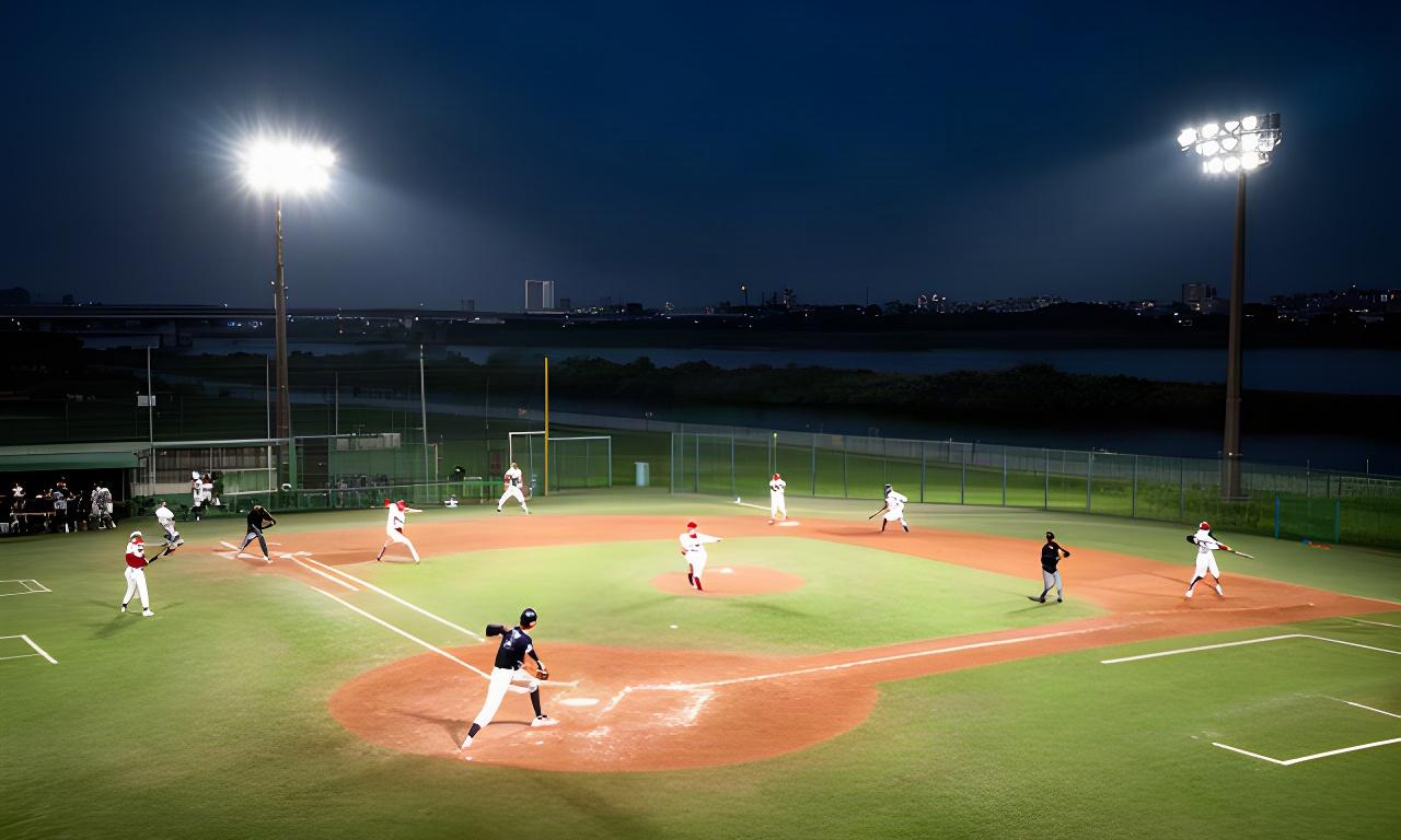 夜間照明に照らされた多摩川沿いの野球場で選手が練習する風景